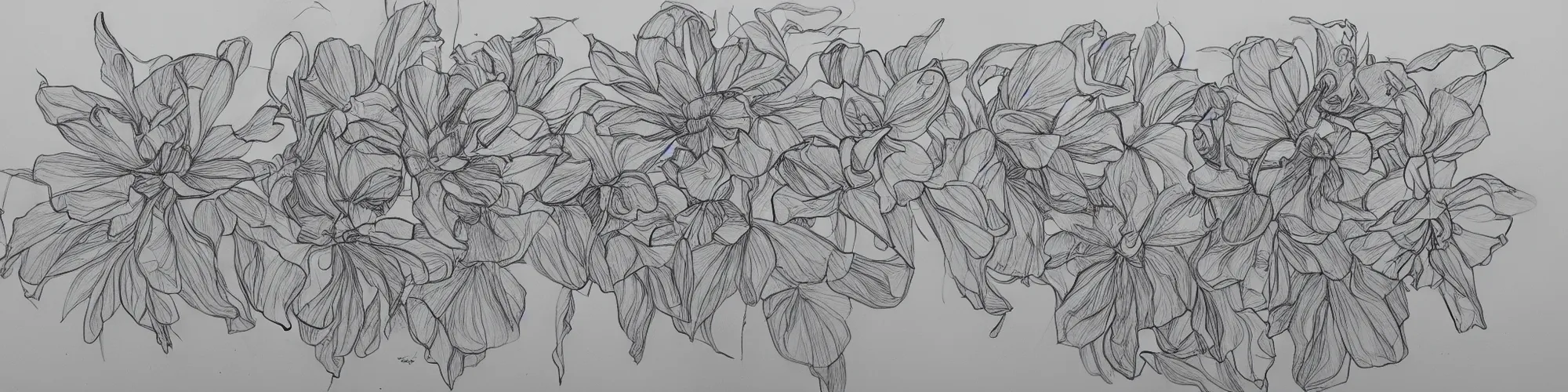 Prompt: excellent flower in various stages of life, line drawing, pencil