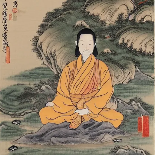 Image similar to lao tzu meditates beside a river, traditional chinese painting,