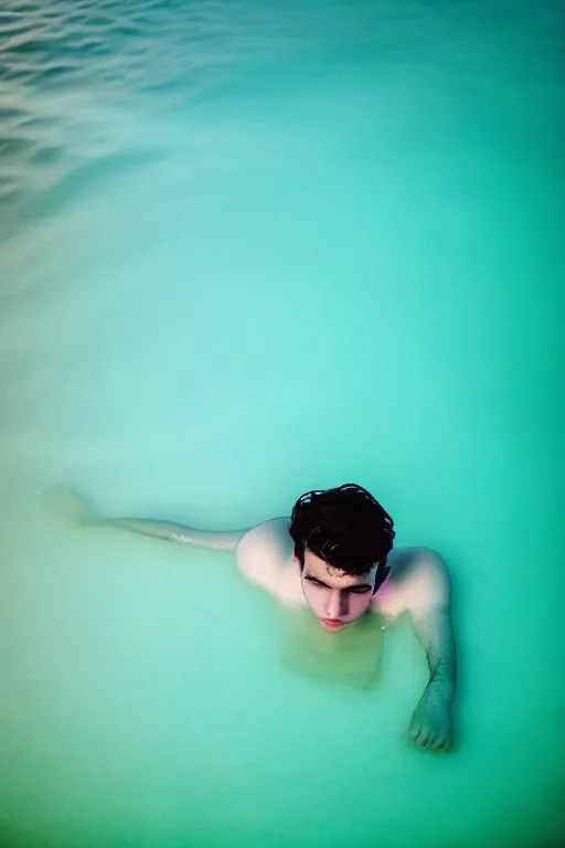 Image similar to high quality pastel coloured film mid angle docu photograph of a beautiful young 2 0 year old male, soft features, short black hair, swimming, submerged in an icelandic black rock pool environment. atmospheric. three point light. photographic. art directed. ( pastel colours ). volumetric light. clearcoat. waves glitch. 8 k. filmic.