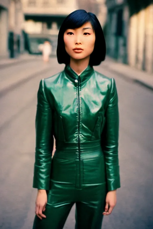 Prompt: ektachrome, 3 5 mm, highly detailed : incredibly realistic, youthful asian demure, perfect features, cute haircut, atheletic agency model, beautiful three point perspective extreme closeup 3 / 4 portrait photo in style of chiaroscuro style 1 9 9 0 s frontiers in flight suit cosplay paris street photography vogue fashion edition
