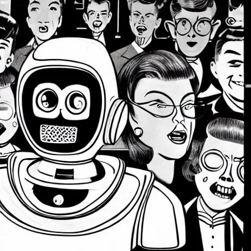 Image similar to in the style of 1960s, A scary robot is chasing after a bunch of scared adults with fully detailed faces, down the street, fully detailed , faces in focus