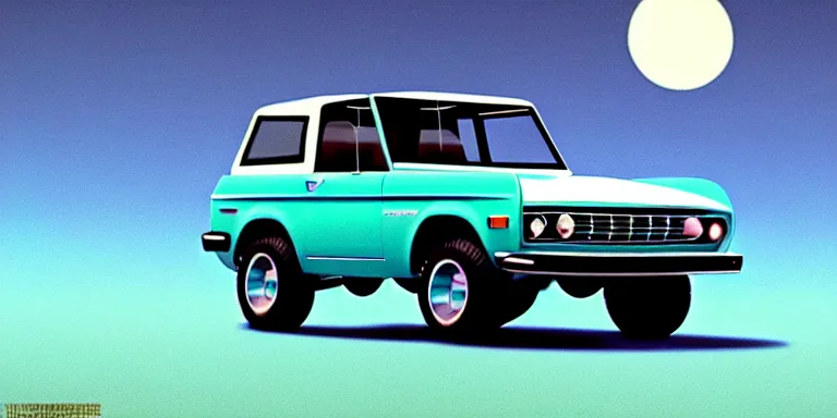Image similar to a cinematic keyframe matte painting of a sleek 1 9 7 0 s vaporwave concept vehicle retro - futurism sci - fi sky blue ford bronco designed by karmann ghia in an open garage in the colorado, view from the street. in the moonlight. by eric lafforgue, glennray tutor and edward hopper, greg rutkowski. trending on artstation.