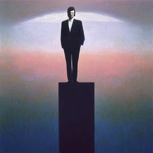 Image similar to a man in black suit, white city, clear blue sky, pink floyd album cover, 1 9 7 0's, by beksinski, bruegel, greg rutkowski, alphonse mucha, and yoshitaka amano, colorful flat surreal design, hd, 8 k, artstation