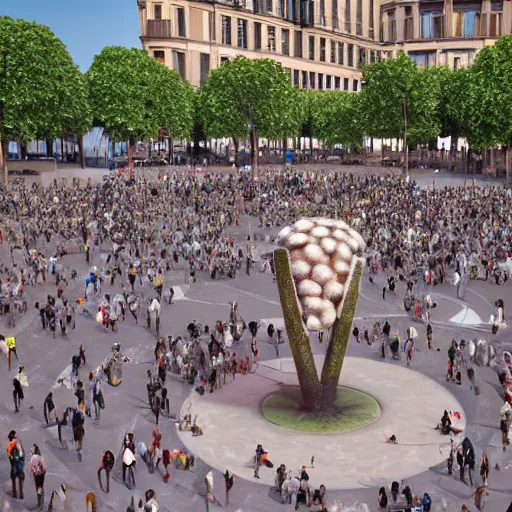 Prompt: photorealistic weird flower sculpture in the middle of plaza catalunya surrounded by people, barcelona, octane render, by origiful, 4 k