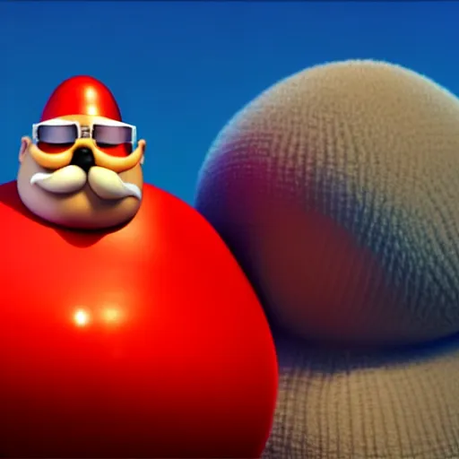 Image similar to a render of a round fat man in a red jumpsuit, wearing shiny black goggles, long pointy pink nose, long spikey moustache, bald, light brown moustache, large cartoonish hands with white gloves, evil villain grin, high tech, hdr, 4 k, he is standing over the lorax, the lorax is on the ground, 3 d