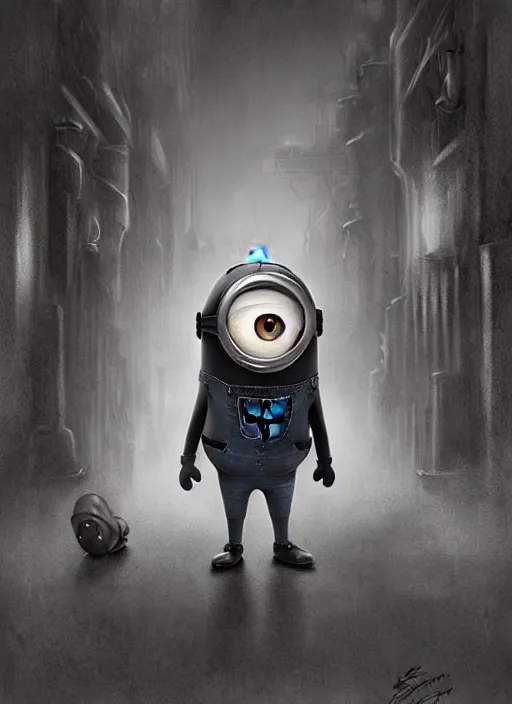 Image similar to a minion from despicable me, dark colors, sinister atmosphere, dramatic lighting, cinematic, establishing shot, extremely high detail, photo realistic, cinematic lighting, pen and ink, intricate line drawings, by Yoshitaka Amano, Ruan Jia, Kentaro Miura, Artgerm, post processed, concept art, artstation, matte painting, style by eddie mendoza, raphael lacoste, alex ross