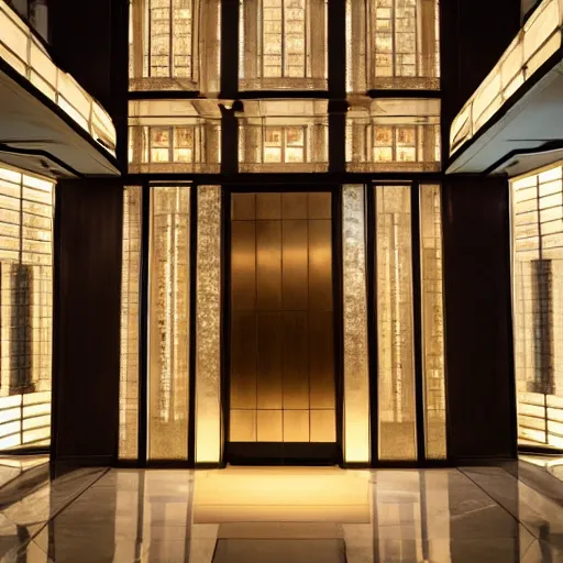 Prompt: photo of a large entrance hall of an art-deco skyscraper, dramatic lighting