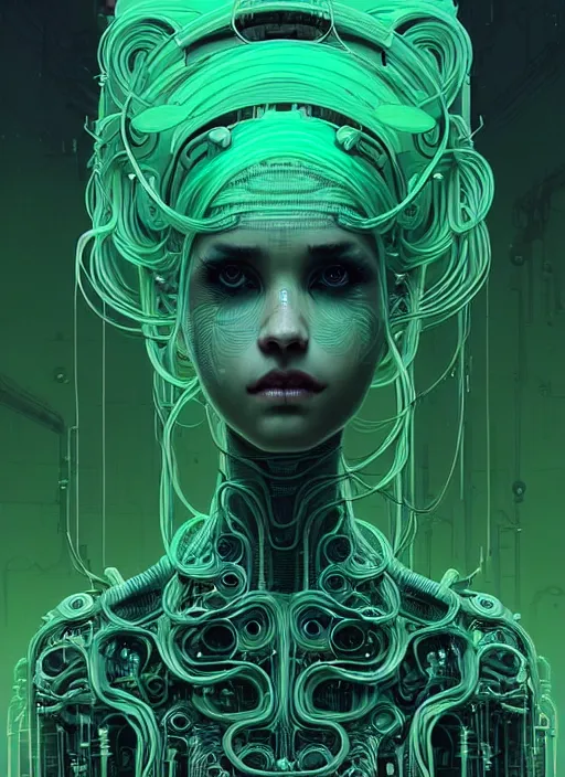 Image similar to highly detailed portrait of a biopunk long curly white hair tribal lady, stray wiring by atey ghailan, james gilleard, by joe fenton, by greg rutkowski, by greg tocchini, by kaethe butcher, 4 k resolution, gradient green, black and white color scheme!!! ( ( green caustic robotic dystopian city background ) )