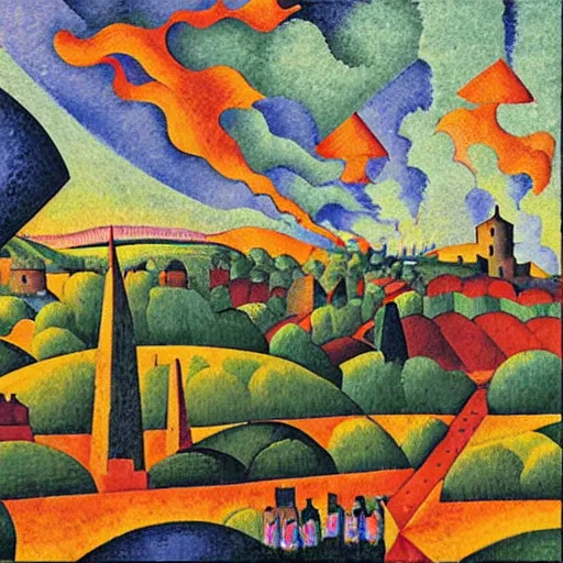 Prompt: medieval monks dancing around bonfire, knights and king at the top of the castle, farmers working in the field, large field of view landscape, fire fills the sky, Artwork by Jean Metzinger