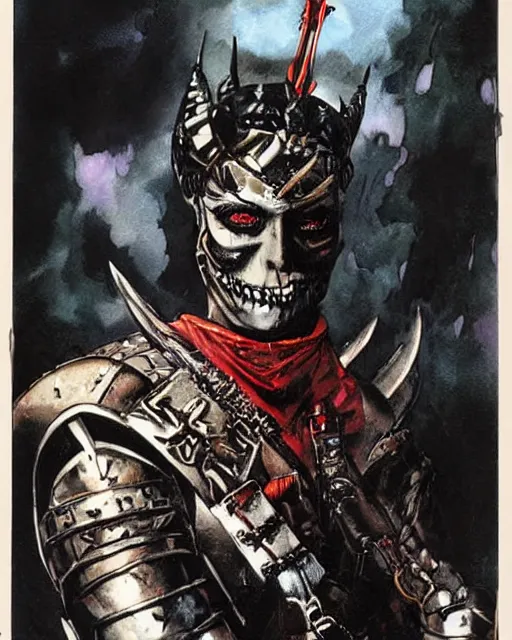 Image similar to portrait of a skinny punk goth tony todd wearing armor by simon bisley, john blance, frank frazetta, fantasy, thief warrior