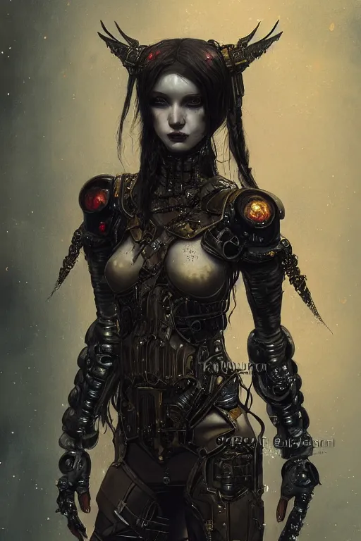 Image similar to portrait of beautiful young gothic maiden, cyberpunk armor, a lot of scars, warhammer, highly detailed, artstation, illustration, art by gustav klimt