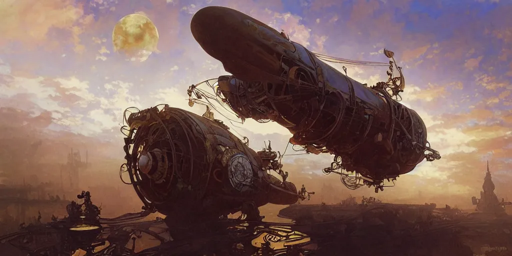 Image similar to a steampunk airship emerges over the horizon of an alien planet, artwork by alphonse mucha, darek zabrocki, dramatic lighting, long shadows, brushstrokes, paper texture.