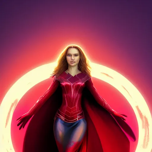 Prompt: Natalie Portman as scarlet witch from MCU, highly detailed, artstation, 8K HDR, sunset.