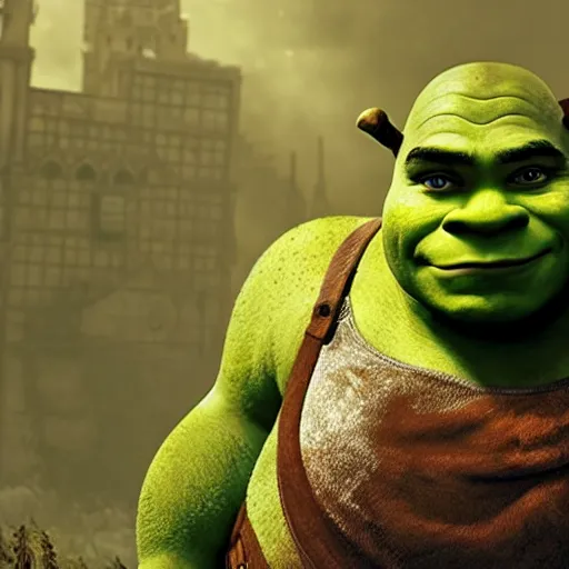 Prompt: Shrek!! as Shrek!! in 'Gears of War', splash art, movie still, cinematic lighting, detailed face, dramatic, octane render, long lens, shallow depth of field, bokeh, anamorphic lens flare, 8k, hyper detailed, 35mm film grain