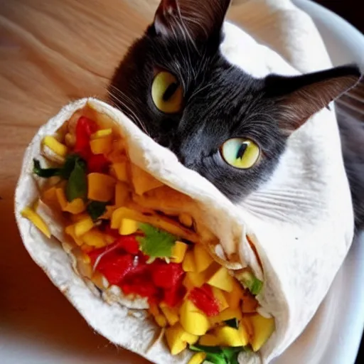 Prompt: a literal burrito made out of a cat, cute