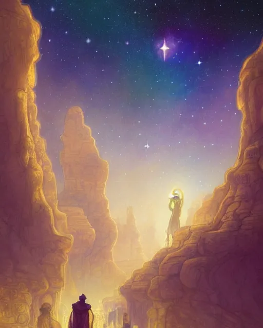 Image similar to bedouin man and woman and child in galaxy walking towards mosque surrounded by nebula, highly detailed, gold filigree, romantic storybook fantasy, soft cinematic lighting, award, disney concept art watercolor illustration by mandy jurgens and alphonse mucha and alena aenami, pastel color palette, featured on artstation