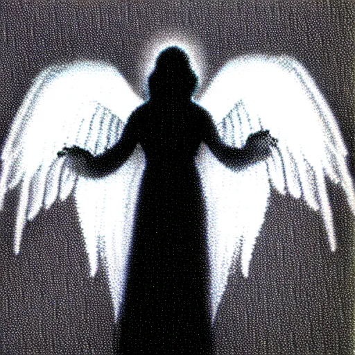 Image similar to vhs static overlay of angel apparition, vhs, 1 9 9 0, beautiful, highly realistic, highly detailed, vhs noise static, black and white, vhs glitch