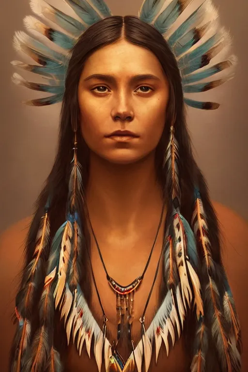Image similar to portrait of native american indian girl with feather background, staring directly into camera, intricate, elegant, glowing lights, highly detailed, digital painting, artstation, sharp focus, illustration, art by wlop, mars ravelo and greg rutkowski
