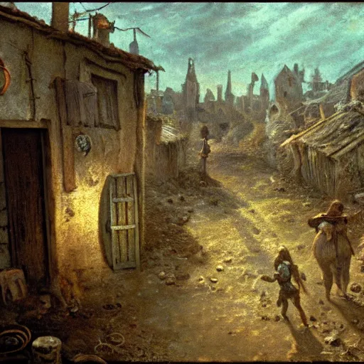 Prompt: jean francois millet as slum neighborhood on lord of the ring, random content position, ultra realistic human face details with emotion, ultra realistic environment contents detail, incrinate, delete duplicated content, rgb color