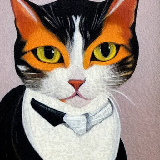 Image similar to oil painting of a cat wearing a tuxedo