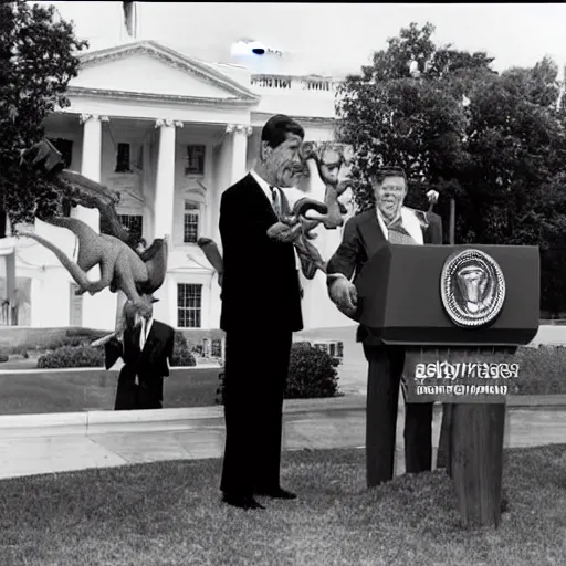 Image similar to claymation press conference ronald reagan unveiling first dinosaur born in united states outside the white house