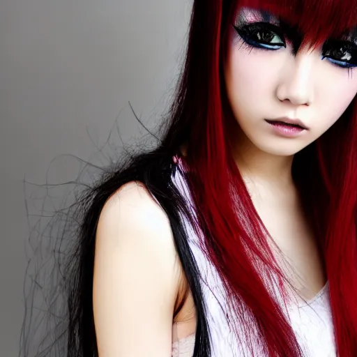 Image similar to professional upper body photograph of female japanese model in emo makeup, long hair, fringe. pretty and detailed eyes