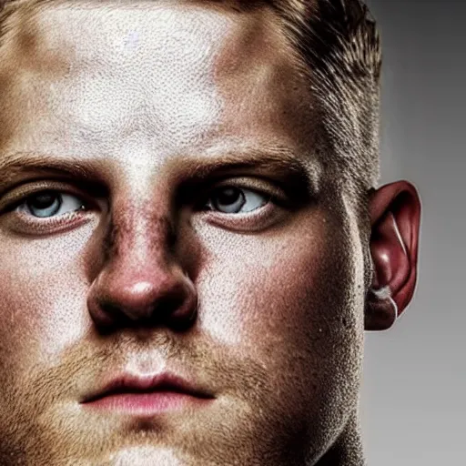 Image similar to “a realistic detailed photo of a guy who is an attractive humanoid who is half robot and half humanoid, who is a male android, football player JJ Watt, shiny skin, posing like a statue, blank stare”