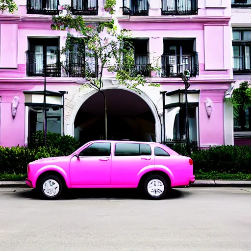 Image similar to a pink car parked in a ping garage