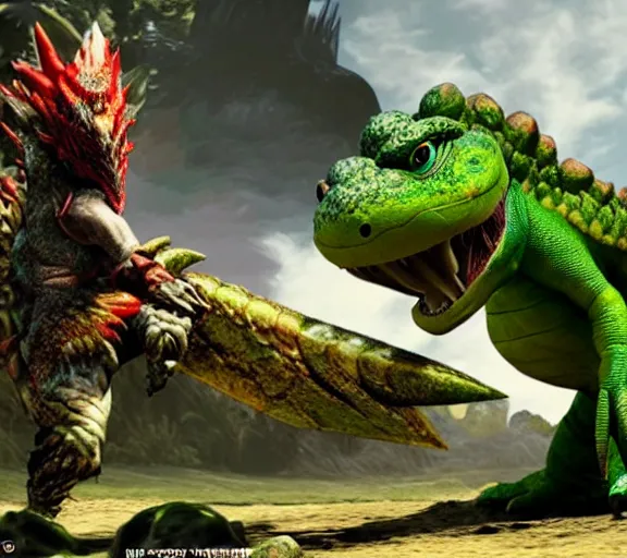 Image similar to yoshi in monster hunter, green dinosaur