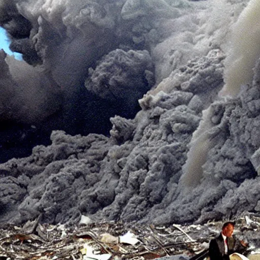 Image similar to george w bush surfing on the pyroclastic cloud of the collapsing world trade center debris as if it were a wave on 9 / 1 1 / 0 1