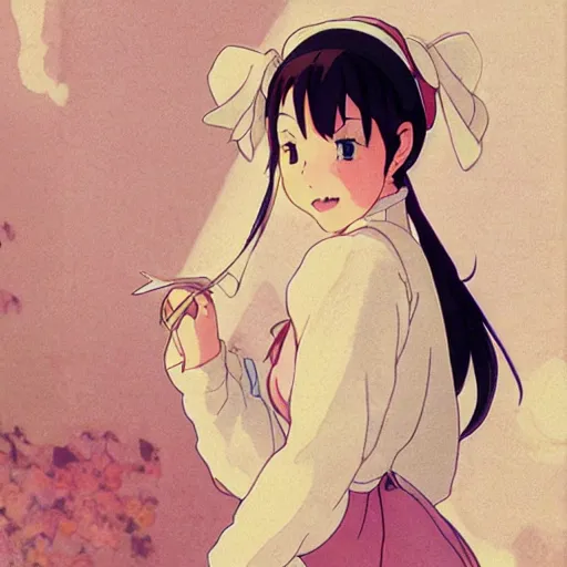 Image similar to a maid girl winking, film still, studio portrait, high quality, makoto shinkai, studio ghibli, wlop, greg rutkowski, alphonse mucha, highly detailed