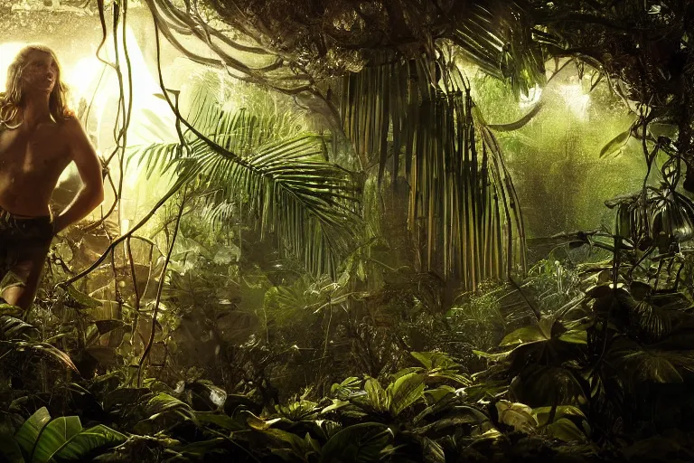 Image similar to Joseph Quinn in the Jungle of Lighting, high detail, high resolution, cinematic lighting, cinematic