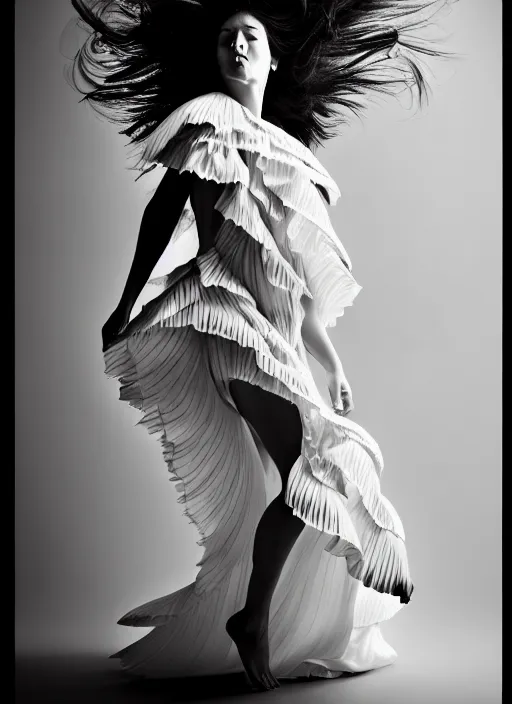 Image similar to a full body portrait of a woman by justin ridler wearing an intricate billowing dress, face in the style of irakli nadar