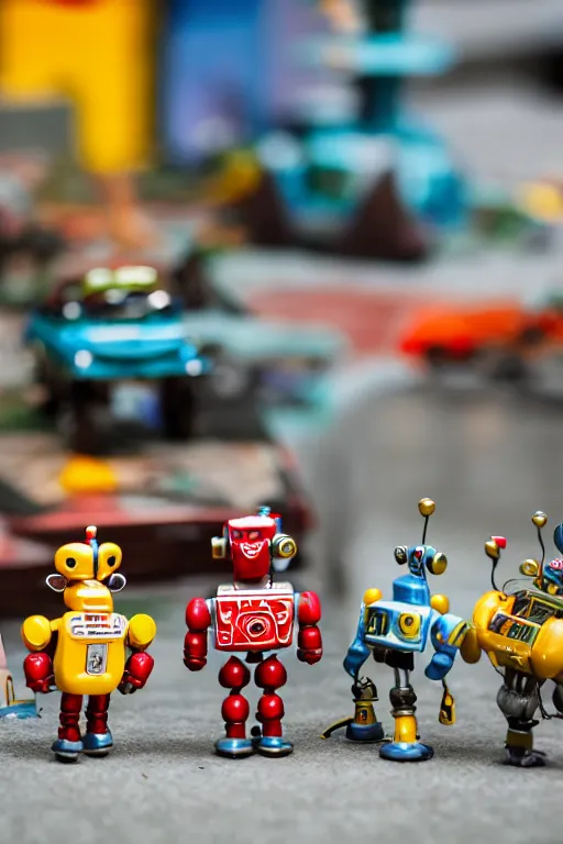 Image similar to high quality presentation photo of a a detailed miniature diorama of retro toy robots invading a detailed model of a 1950s town, photography 4k, f1.8 anamorphic, bokeh, 4k, Canon, Nikon