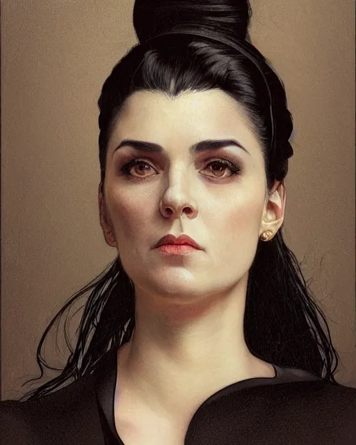 Prompt: portrait of a tall 4 0 - year - old woman with thin lips, long, lush black hair gathered on the head bun, and thick eyebrows, haughty facial expression, wearing in black clothes, aristocratic appearance, hyper realistic face, beautiful eyes, close up, fantasy art, in the style of greg rutkowski, intricate, alphonse mucha, hyper detailed, smooth