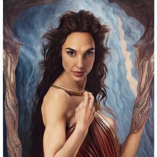 Image similar to Full body oil painting of the beautiful woman Gal Gadot, she is wearing some withe ancient greek cloths and a surreal ornate, her hair is natural disheveled, naturalism, dramatic lighting, high-detailed oil painting by Ilya Repin, Michelangelo da Caravaggio, William Blake, Alex Grey and Beksinski, trending on Artsatio, masterpiece, 4k, 8k,