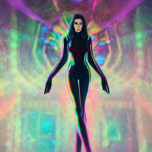 Prompt: long Shot of psychedelic Black widow standing in mysterious chromatic astral temple , stylish, lsd, soft, vsco, cinematic, artwork by WLOP