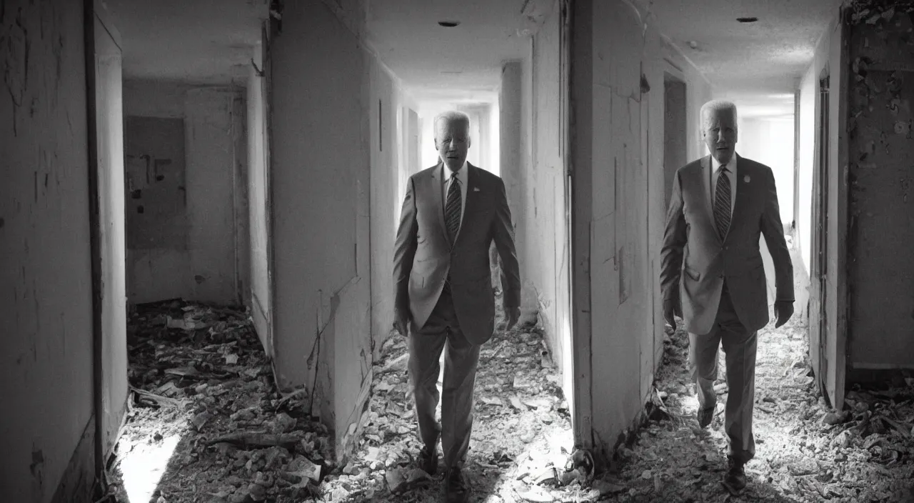 Image similar to unnerving and dark 4 k photograph of joe biden standing deep in the creepy hallways of an abandoned insane asylum