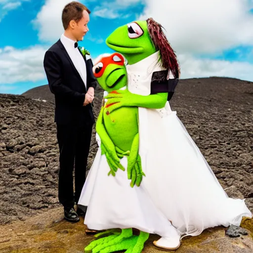 Image similar to bjork marrying kermit the frog, at a volcano, professional wedding photography, 8 k photo