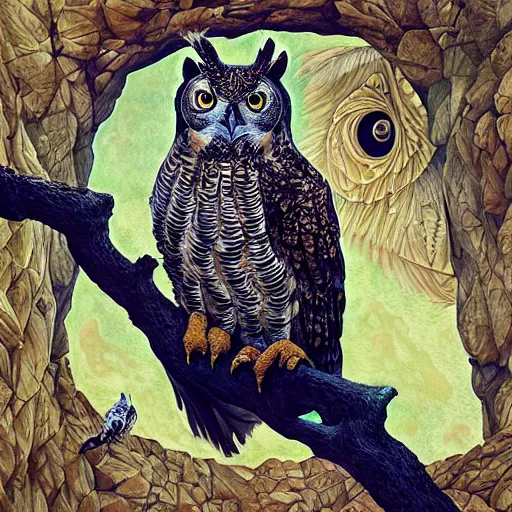 Image similar to a eagle owl painting by Android Jones and M. C. Escher collaboration