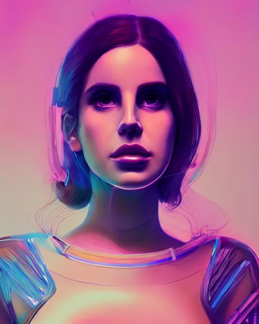 Image similar to portrait of lana del rey as a cyborg. intricate abstract. intricate artwork blue and pink lighting, by tooth wu, wlop, beeple, dan mumford. concept art, octane render, trending on artstation, greg rutkowski very coherent symmetrical artwork. cinematic, key art, hyper realism, high detail, octane render, 8 k, iridescent accents