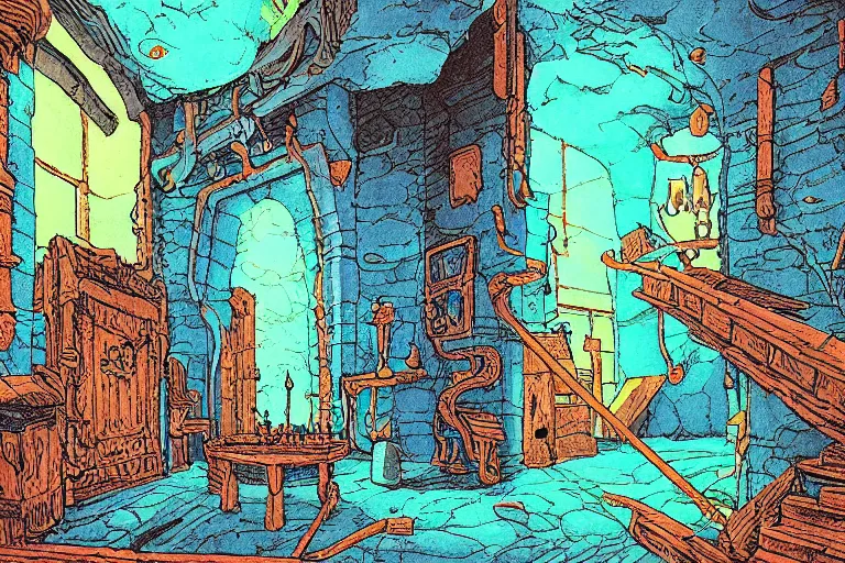 Prompt: trascendent POINT PERSPECTIVE DUNGEON bite ROOM filled with bladestone, painted by Edward Gorey and Moebius and Greg Rutkowski and Paul Wenzel and George Barr and Stephen Youll,trending on artstation, iridescent cool blue and cyan and red and blue and yellow and green lighting front view futuresynth , outrun , vibrant colors, Sabattier filter , Watercolor