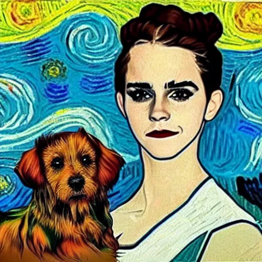 Image similar to emma watson with a dog on her head in the style of vincent van gogh