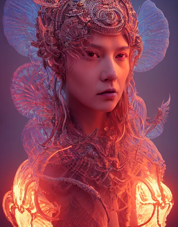 Prompt: demon goddess close-up portrait tribal slavic russian princess, ancient high tech, jellyfish phoenix dragon, butterfly squid, burning halo, intricate artwork by Tooth Wu and wlop and beeple, greg rutkowski, very coherent symmetrical artwork, cinematic, hyper realism, high detail, octane render, unreal engine, 8k, Vibrant colors, Smooth gradients, High contrast, depth of field, aperture f1.2