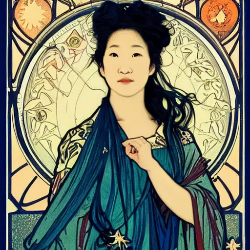 Image similar to sandra oh portrait by louis - theophile hingre and alphonse mucha, realistic, sharp focus, zodiac signs, tarot cards, planets, ethereal, art nouveau, magic, moon, sun, crown, dreamy, royal, jewellery