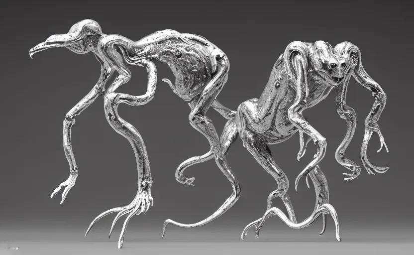 Prompt: stylized shiny polished silver statue full body extra limbs bizarre cosmic horror quadruped animal four legs made of marble of slug creature tendrils, perfect symmetrical body, perfect symmetrical face, hyper realistic, hyper detailed, by johannen voss, by michelangelo, octane render, blender, 8 k, displayed in pure white studio room