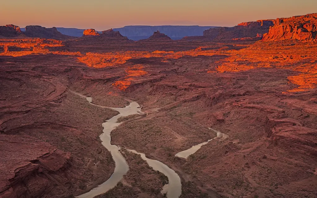 Image similar to “a dried up river bend running through a canyon surrounded by desert mountains at sunset, moab, utah, a tilt shift photo by Frederic Church, trending on unsplash, hudson river school, national geographic photo”