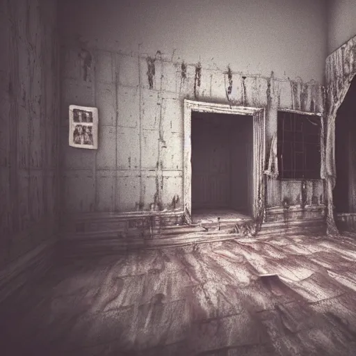 Prompt: a highly detailed photographic render of a creepy old haunted house, photos of a haunted living room, horror, bloody, ghost, creepy, cinematic lighting, cinematic scene, Volumetric lighting, Atmospheric scene, Dark, Horror, Atmospheric lighting, Global illumination cinematic render, film, beautifully lit, ray traced, octane 3D render, octane render, unreal engine