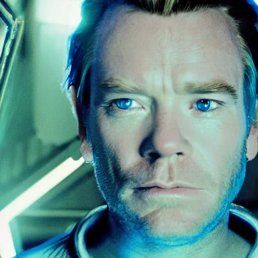 Image similar to film still of old ewan mcgregor as a ghost in star wars, blue ghost, transparent, epic lighting, highley detailled, kodak film