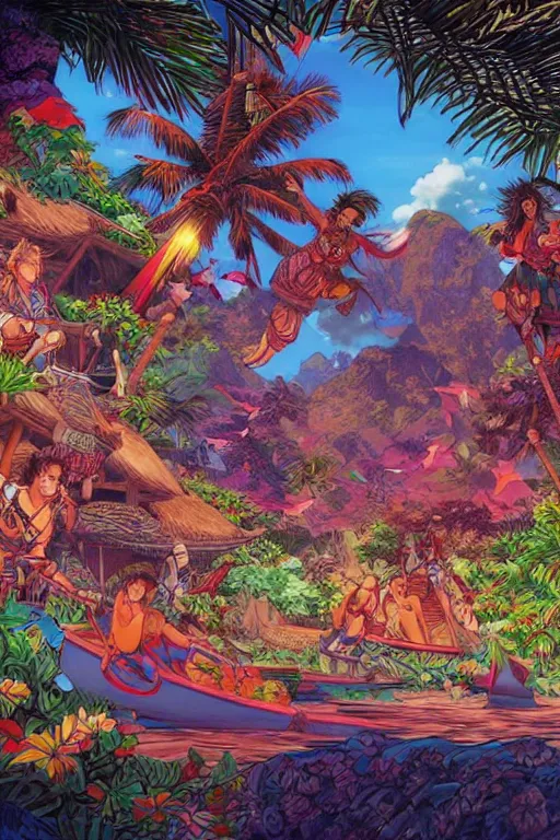 Prompt: polynesian island, open sky. hyperrealistic anime background illustration by kim jung gi, colorful, extremely detailed intricate linework, smooth, super sharp focus, bright colors, high contrast, matte, octopath traveler, unreal engine 5 highly rendered, global illumination, radiant light, polynesian view